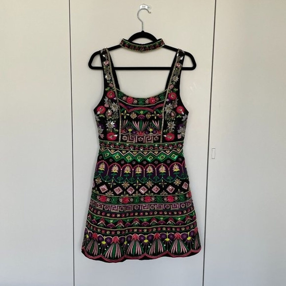 Alice + Olivia Tricia Embellished Mini Dress Black/Multi Size 6 - Picture 4 of 9